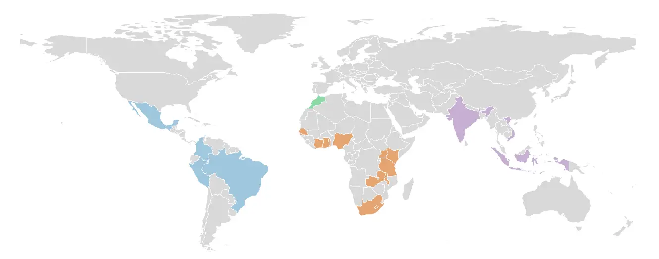 World map with regions include Latin America, Middle East, North Africa, sub-Saharan Africa, and Indo-Pacific